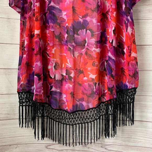 Catalina Pink and Red Floral Swimsuit Cover Up Fringe Cardigan Kimono Size L - Picture 7 of 16